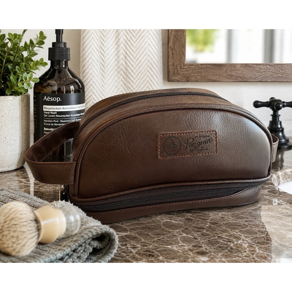 Vintage Penguin Musingwear Brown Faux Leather Dopp Kit Travel Toiletry Bag